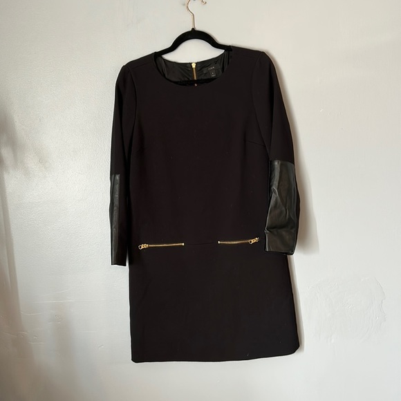 J. Crew Black 3/4 Sleeve Shift Dress Faux Leather Elbow Patch Size 6 - Picture 2 of 7